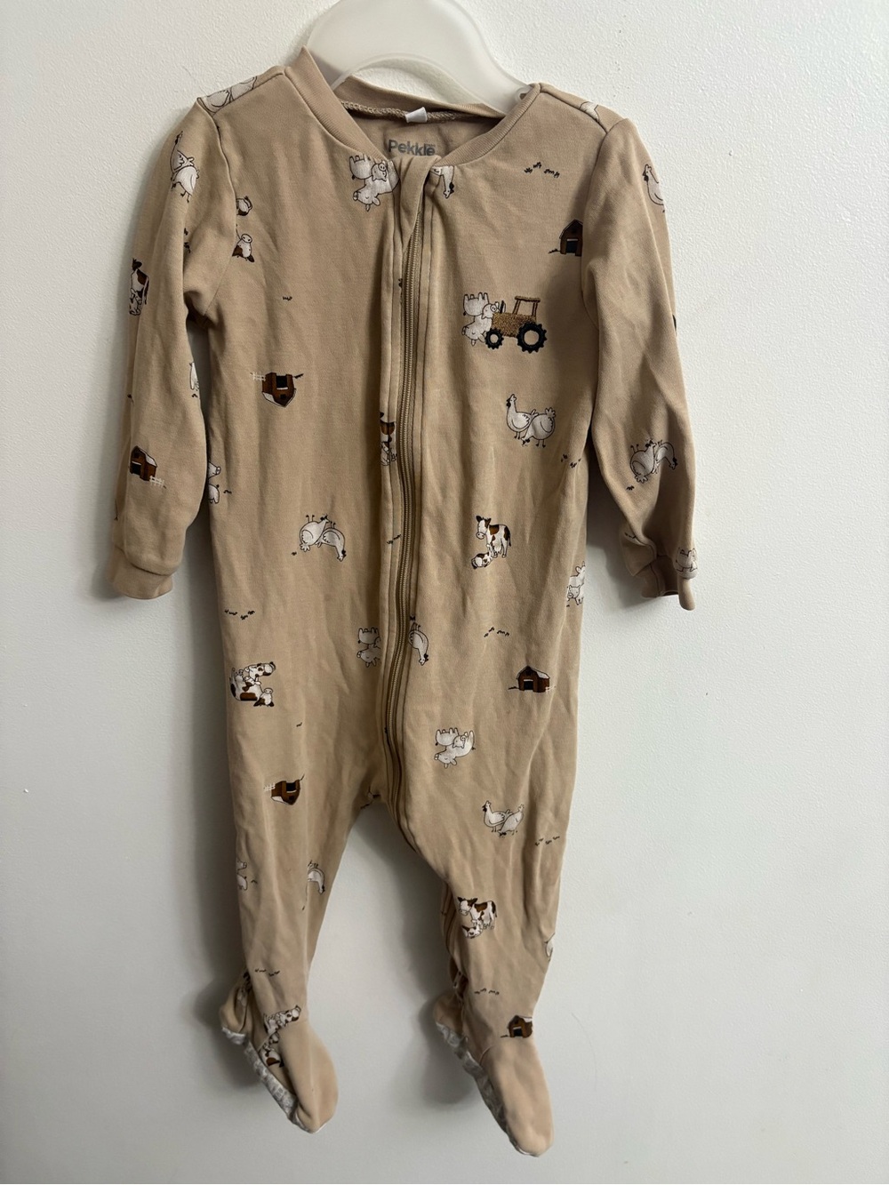 Pekkle Beige Farm Animal Zip Footed One-Piece for Kids 12 months
